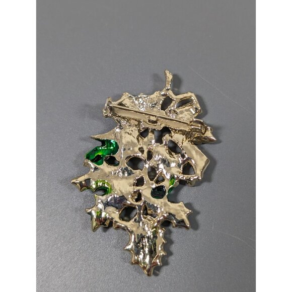 Vintage Christmas Mistletoe Green Leaf Bow Pin Brooch Gold Tone - Picture 6 of 7